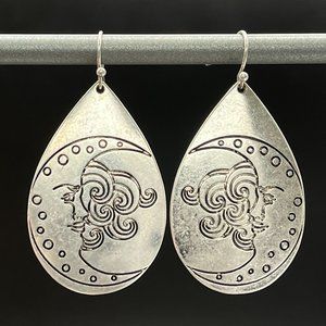 Silver Moon Face Teardrop Earrings